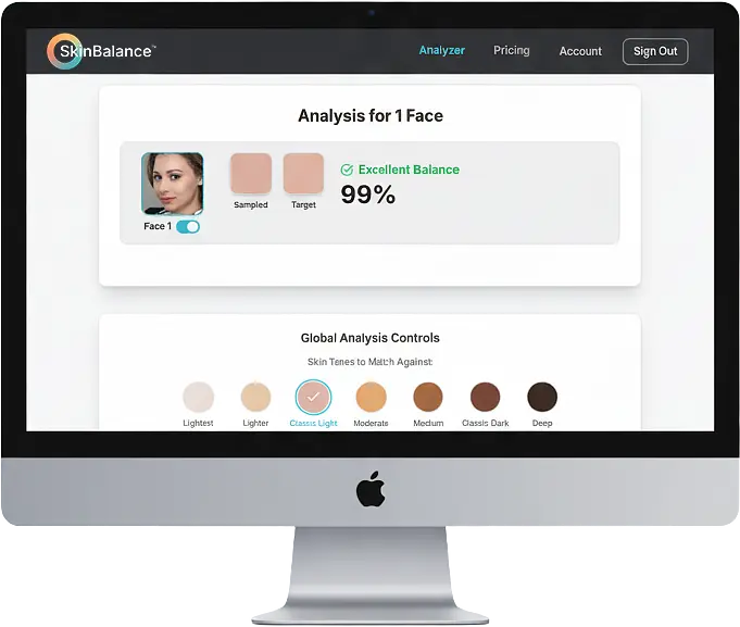 SkinBalance app interface showing confidence score and skin tone analysis